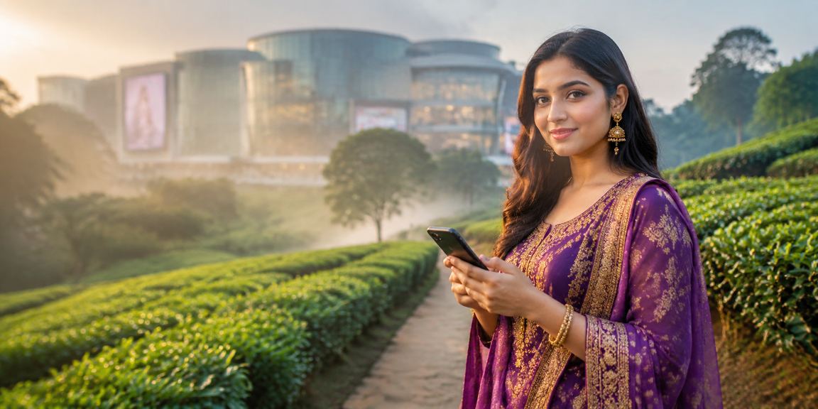 ঢাকায় চা বাগানের পাশে মোবাইলে নিরাপদ আর্থিক লেনদেন করছেন একজন সদস্য
